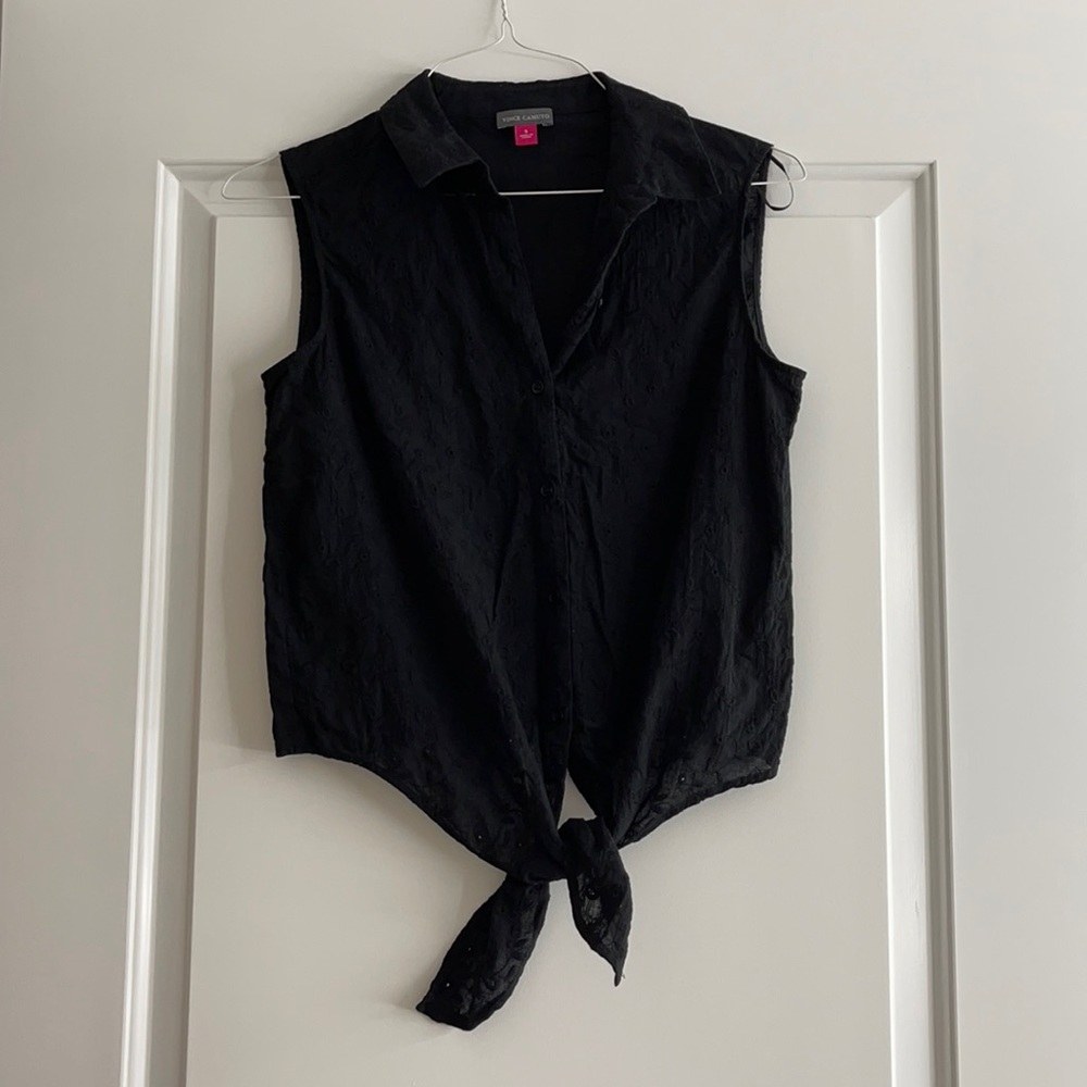 Vince Camuto Black Eyelet Tie Front Tank